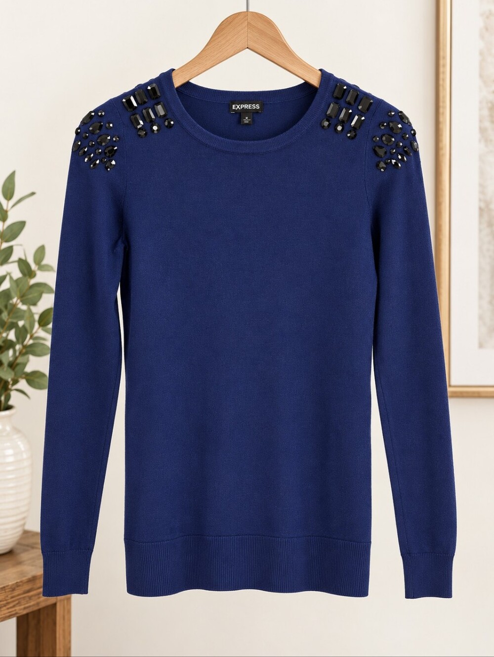 Express Women's Dark Blue Jewel Shoulder Sweater Size XS